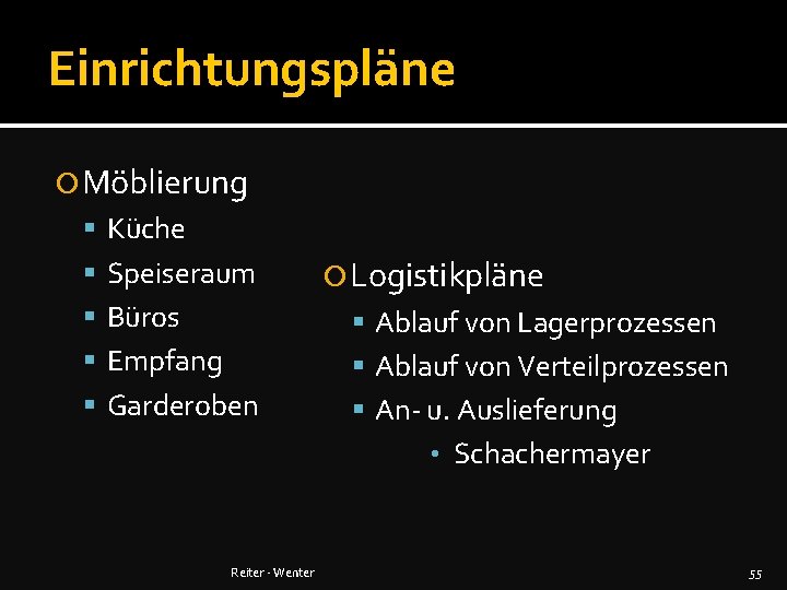 Einrichtungspläne Möblierung Küche Speiseraum Logistikpläne Büros Ablauf von Lagerprozessen Empfang Ablauf von Verteilprozessen Garderoben