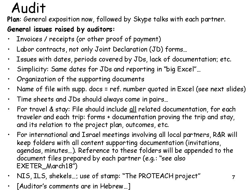 Audit Plan: General exposition now, followed by Skype talks with each partner. General issues