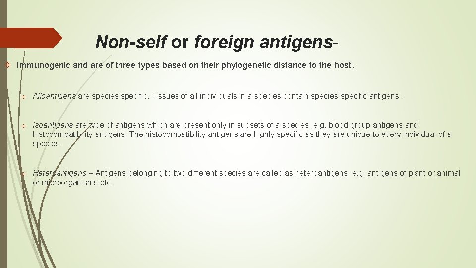 Non-self or foreign antigens- Immunogenic and are of three types based on their phylogenetic