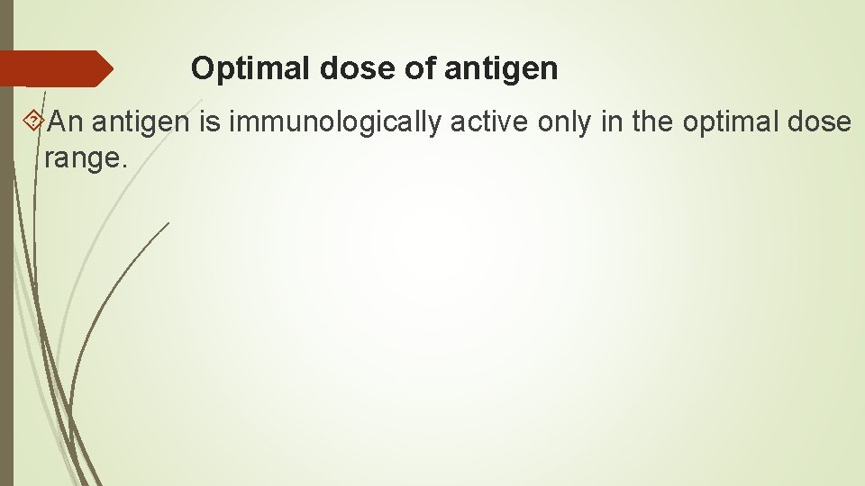 Optimal dose of antigen An antigen is immunologically active only in the optimal dose