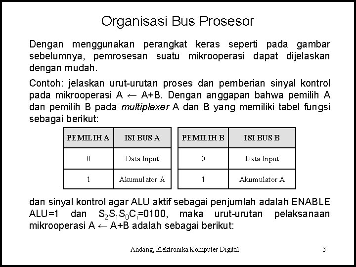 Organisasi Bus Prosesor Dengan menggunakan perangkat keras seperti pada gambar sebelumnya, pemrosesan suatu mikrooperasi