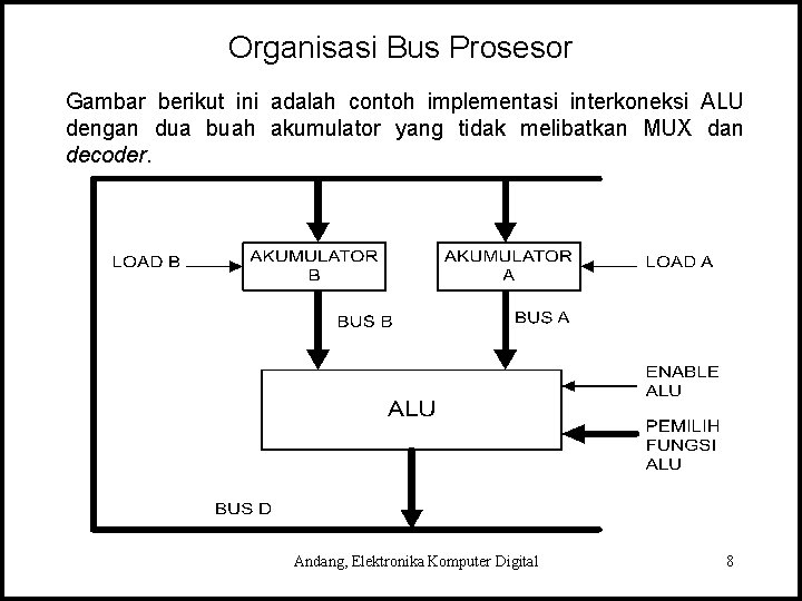 Organisasi Bus Prosesor Gambar berikut ini adalah contoh implementasi interkoneksi ALU dengan dua buah