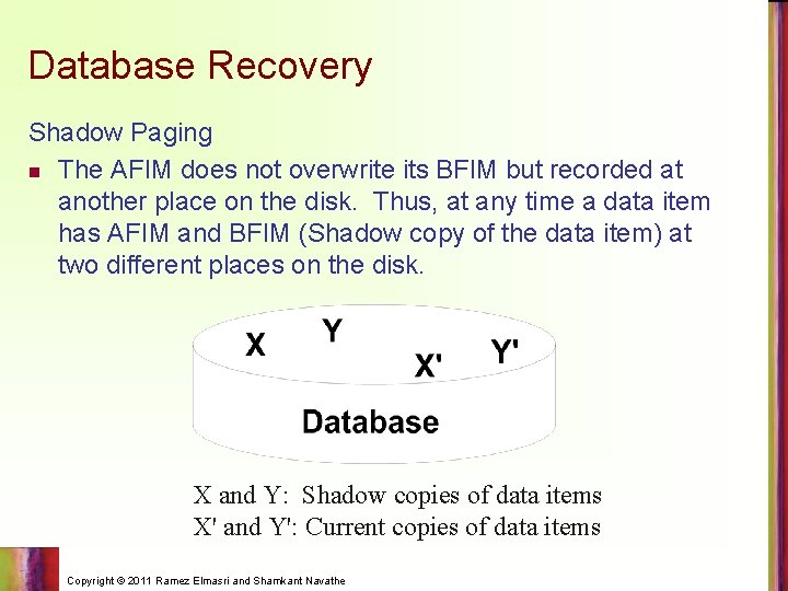 Database Recovery Shadow Paging n The AFIM does not overwrite its BFIM but recorded