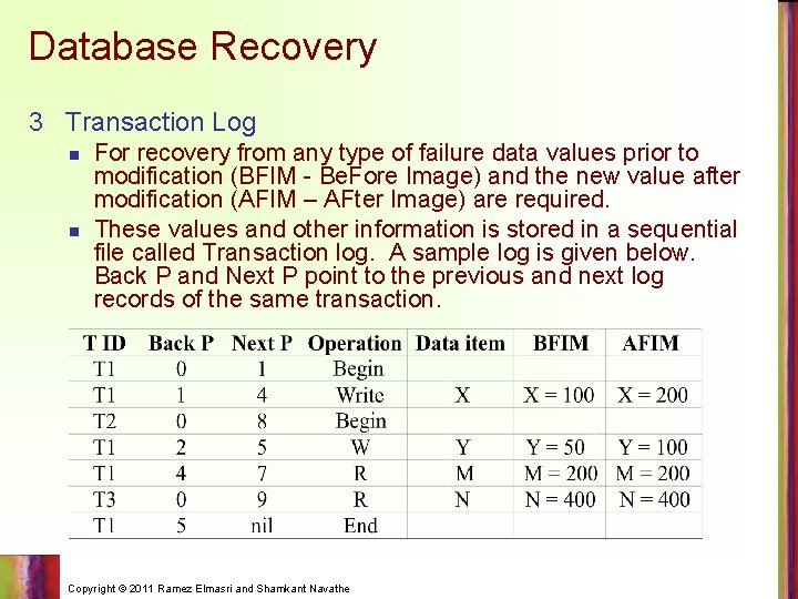 Database Recovery 3 Transaction Log n n For recovery from any type of failure