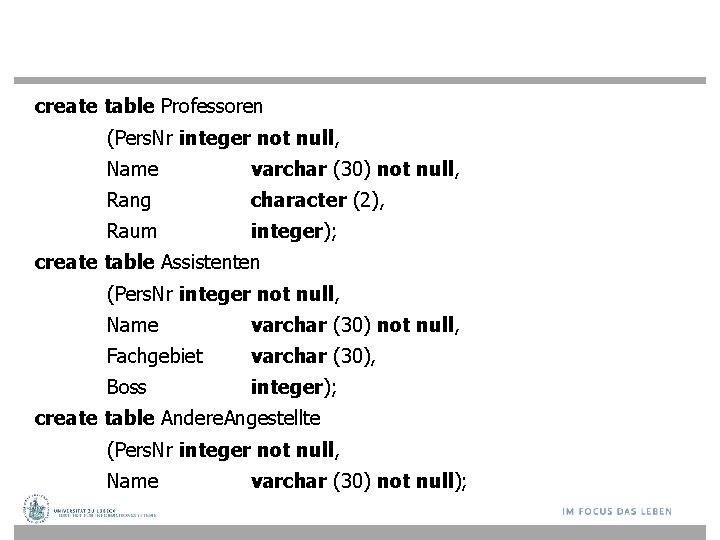 create table Professoren (Pers. Nr integer not null, Name varchar (30) not null, Rang