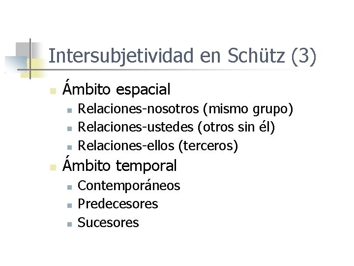 Intersubjetividad en Schütz (3) Ámbito espacial Relaciones-nosotros (mismo grupo) Relaciones-ustedes (otros sin él) Relaciones-ellos