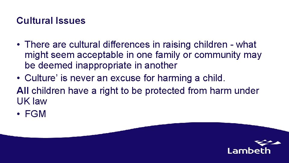 Cultural Issues • There are cultural differences in raising children - what might seem