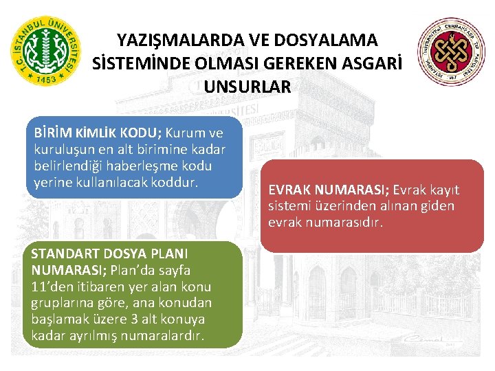  YAZIŞMALARDA VE DOSYALAMA SİSTEMİNDE OLMASI GEREKEN ASGARİ UNSURLAR BİRİM KİMLİK KODU; Kurum ve