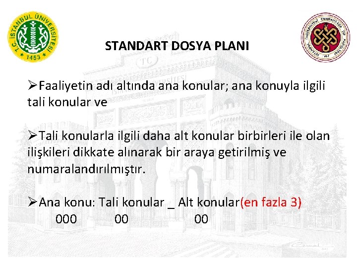 STANDART DOSYA PLANI ØFaaliyetin adı altında ana konular; ana konuyla ilgili tali konular ve