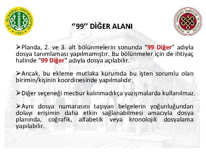 ‘’ 99’’ DİĞER ALANI ØPlanda, 2. ve 3. alt bölünmelerin sonunda “ 99 Diğer”