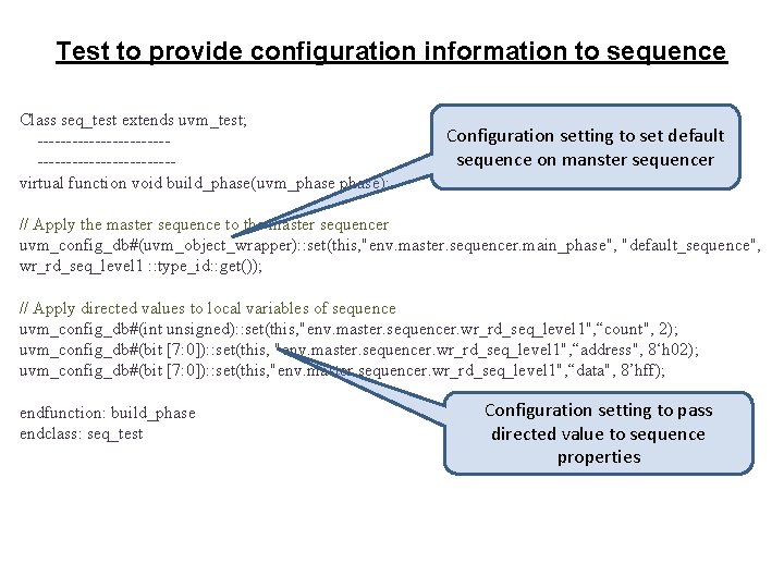 Test to provide configuration information to sequence Class seq_test extends uvm_test; -----------------------virtual function void