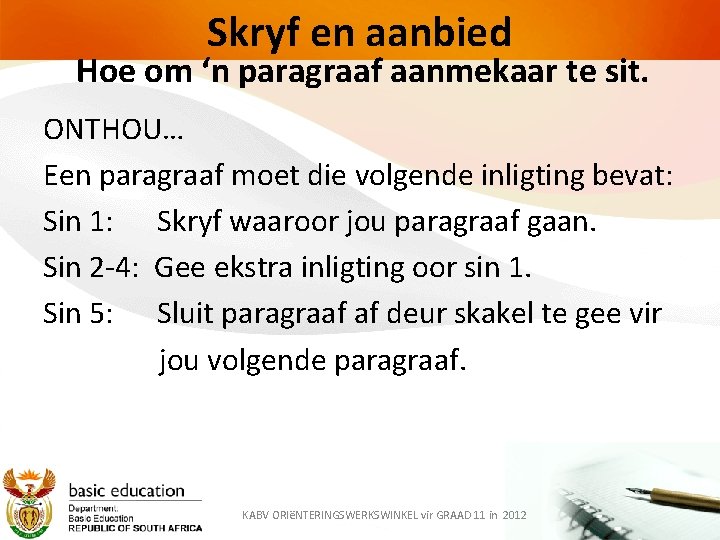 Skryf en aanbied Hoe om ‘n paragraaf aanmekaar te sit. ONTHOU… Een paragraaf moet