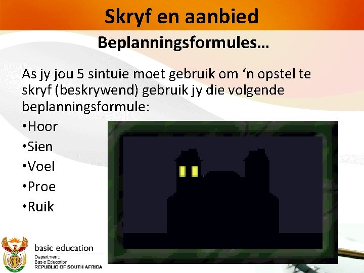 Skryf en aanbied Beplanningsformules… As jy jou 5 sintuie moet gebruik om ‘n opstel