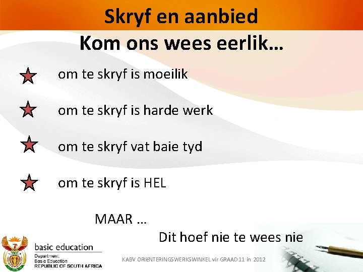 Skryf en aanbied Kom ons wees eerlik… om te skryf is moeilik om te