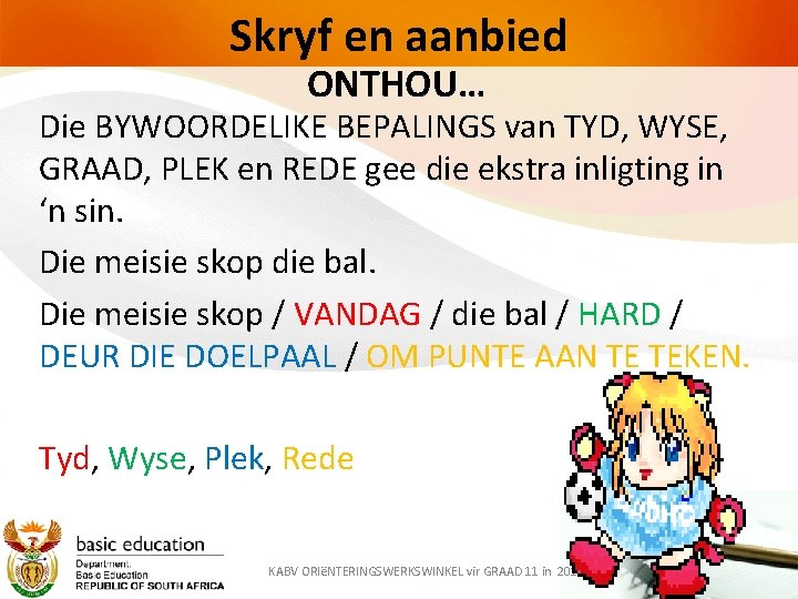 Skryf en aanbied ONTHOU… Die BYWOORDELIKE BEPALINGS van TYD, WYSE, GRAAD, PLEK en REDE