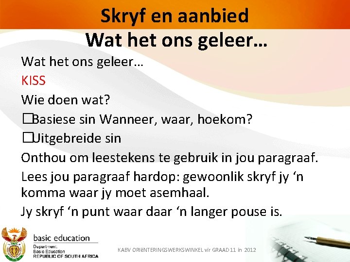 Skryf en aanbied Wat het ons geleer… KISS Wie doen wat? �Basiese sin Wanneer,