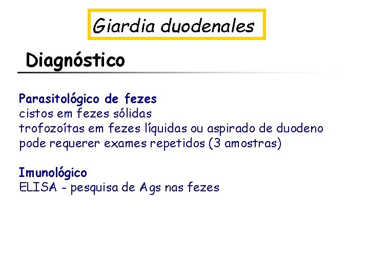 Giardia duodenales Diagnóstico Parasitológico de fezes cistos em fezes sólidas trofozoítas em fezes líquidas
