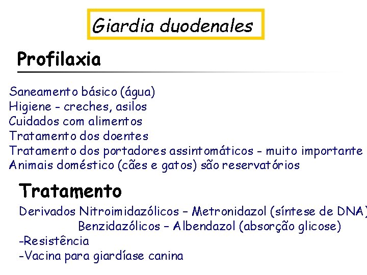 Giardia duodenales Profilaxia Saneamento básico (água) Higiene - creches, asilos Cuidados com alimentos Tratamento