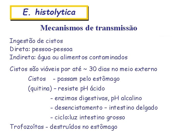 E. histolytica Mecanismos de transmissão Ingestão de cistos Direta: pessoa-pessoa Indireta: água ou alimentos