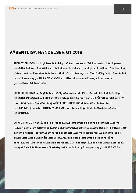 CGit Holding AB (publ) | Kvartalsrapport Q 1 2018 8 VÄSENTLIGA HÄNDELSER Q 1