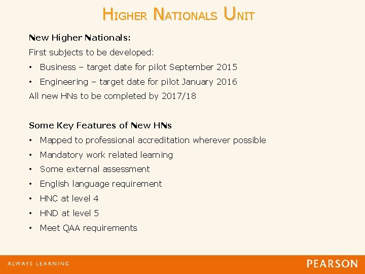 HIGHER NATIONALS UNIT New Higher Nationals: First subjects to be developed: • Business –