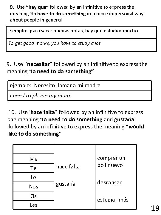 8. Use ‘’hay que” followed by an infinitive to express the meaning ‘to have