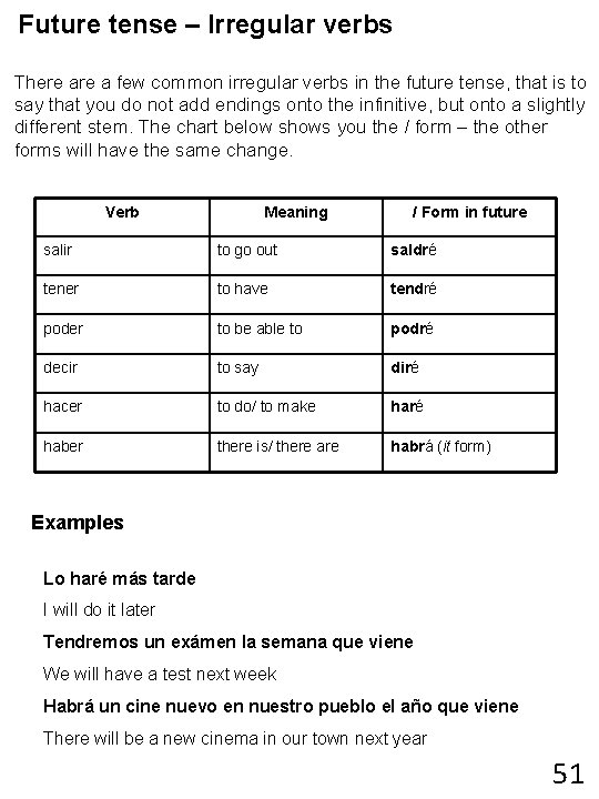 Future tense – Irregular verbs There a few common irregular verbs in the future
