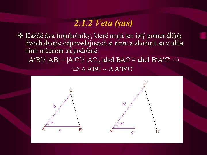 2. 1. 2 Veta (sus) v Každé dva trojuholníky, ktoré majú ten istý pomer