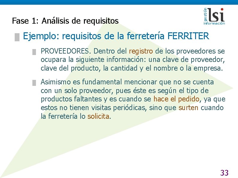 Fase 1: Análisis de requisitos █ Ejemplo: requisitos de la ferretería FERRITER █ PROVEEDORES.