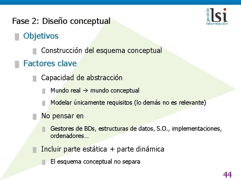 Fase 2: Diseño conceptual █ Objetivos █ █ Construcción del esquema conceptual Factores clave