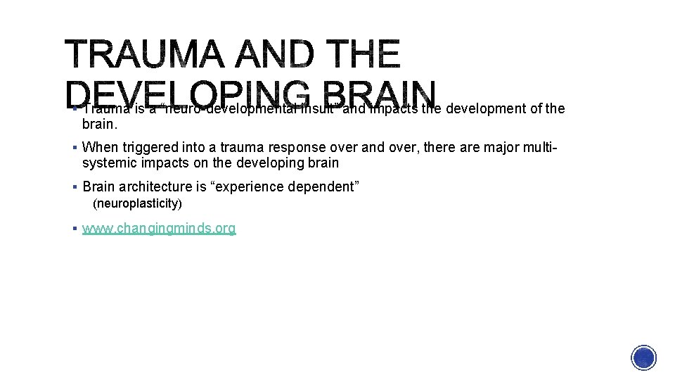 § Trauma is a “neuro-developmental insult” and impacts the development of the brain. §