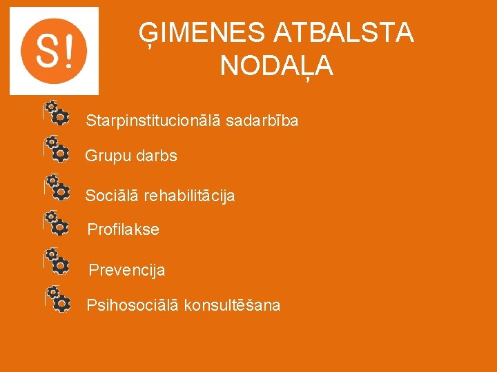 ĢIMENES ATBALSTA NODAĻA Starpinstitucionālā sadarbība Grupu darbs Sociālā rehabilitācija Profilakse Prevencija Psihosociālā konsultēšana 