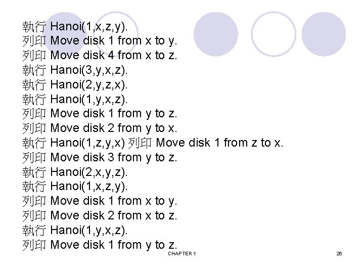 執行 Hanoi(1, x, z, y). 列印 Move disk 1 from x to y. 列印