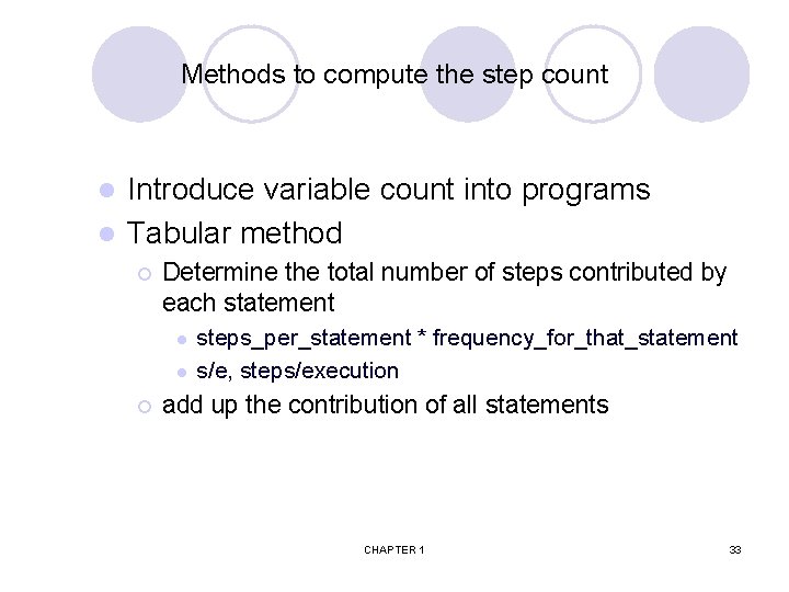 Methods to compute the step count Introduce variable count into programs l Tabular method