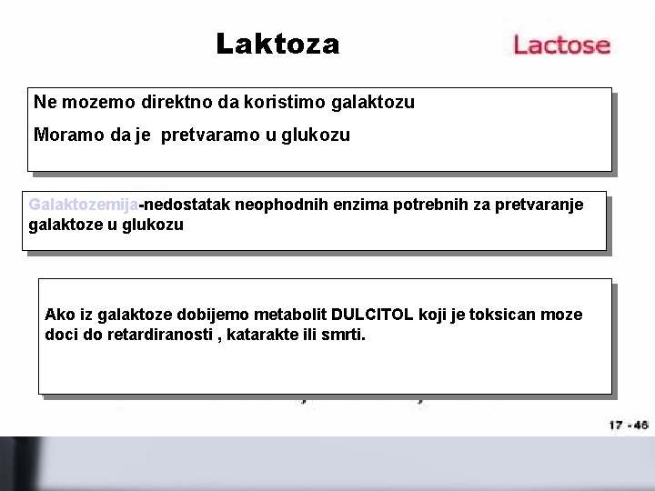 Laktoza Ne mozemo direktno da koristimo galaktozu Moramo da je pretvaramo u glukozu Galaktozemija-nedostatak