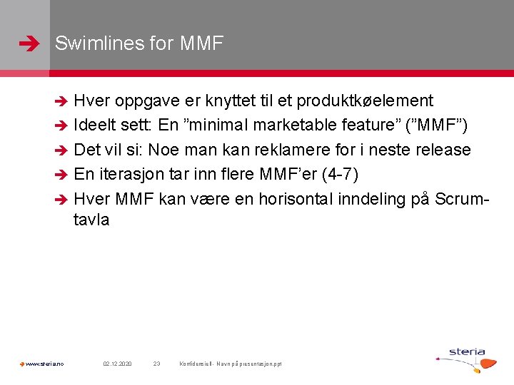  Swimlines for MMF Hver oppgave er knyttet til et produktkøelement Ideelt sett: En