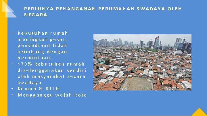 PERLUNYA PENANGANAN PERUMAHAN SWADAYA OLEH NEGARA • Kebutuhan rumah meningkat pesat, penyediaan tidak seimbang