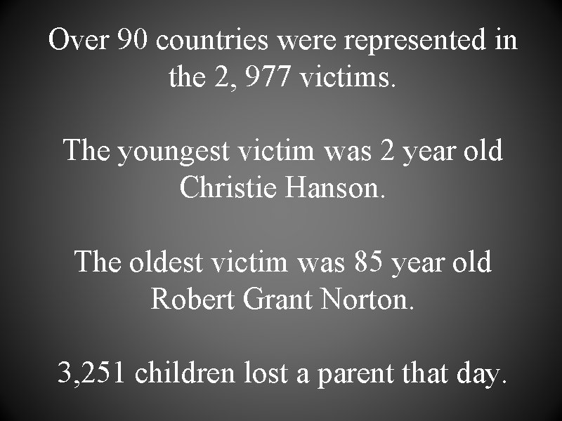 Over 90 countries were represented in the 2, 977 victims. The youngest victim was