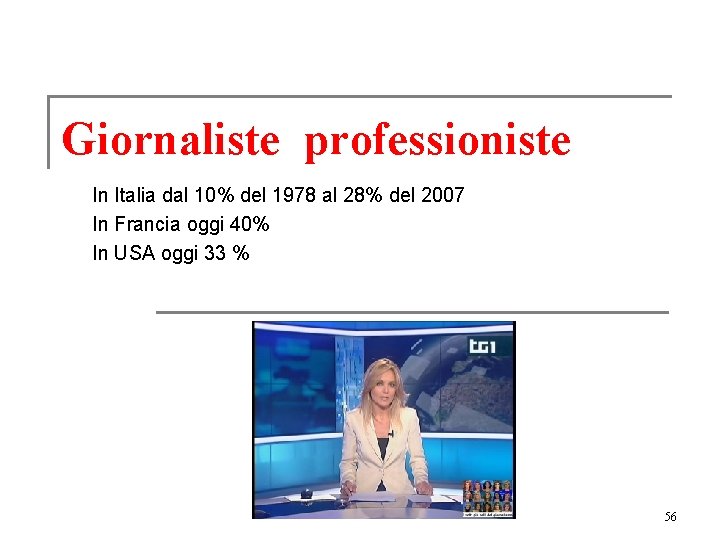 Giornaliste professioniste In Italia dal 10% del 1978 al 28% del 2007 In Francia