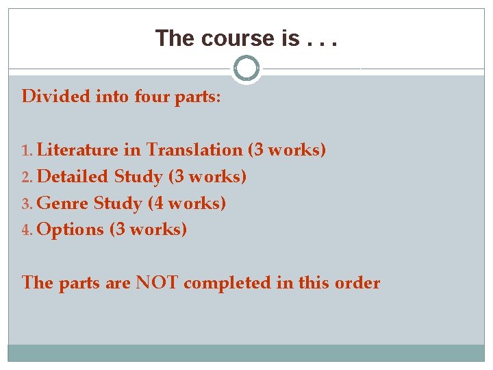 The course is. . . Divided into four parts: 1. Literature in Translation (3
