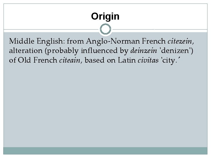 Origin Middle English: from Anglo-Norman French citezein, alteration (probably influenced by deinzein 'denizen') of