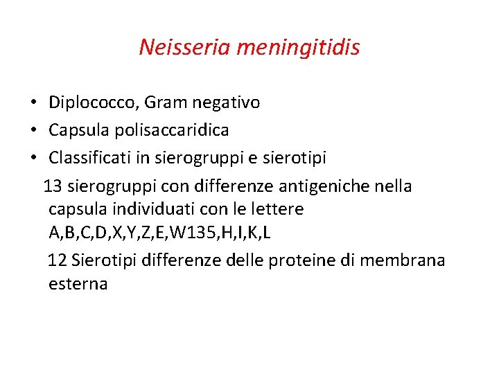 Neisseria meningitidis • Diplococco, Gram negativo • Capsula polisaccaridica • Classificati in sierogruppi e