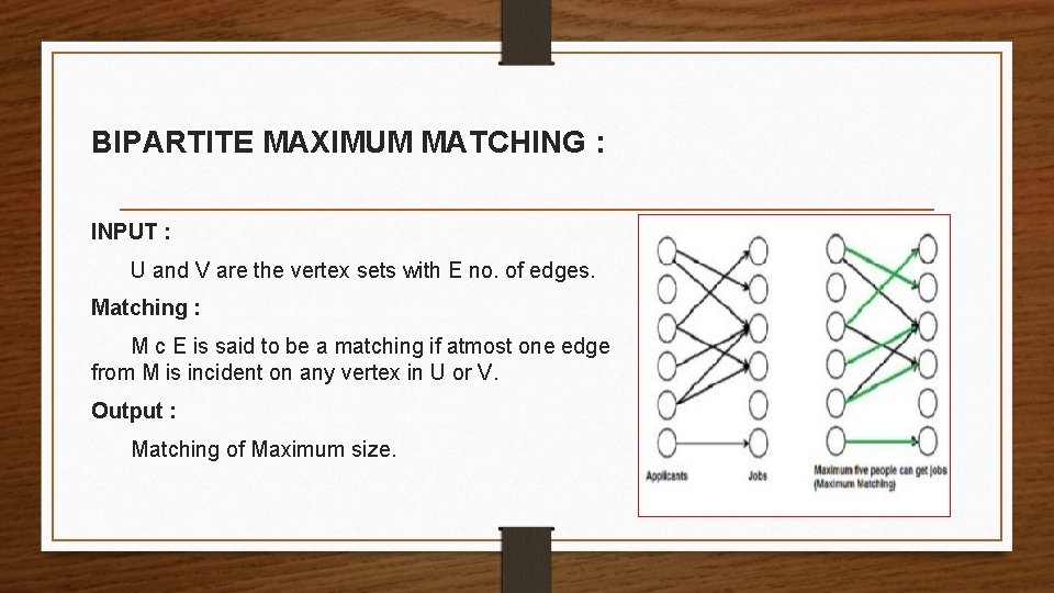 BIPARTITE MAXIMUM MATCHING : INPUT : U and V are the vertex sets with
