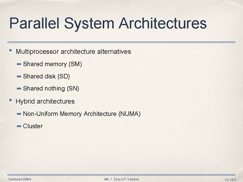 Parallel System Architectures • Multiprocessor architecture alternatives ➡ Shared memory (SM) ➡ Shared disk