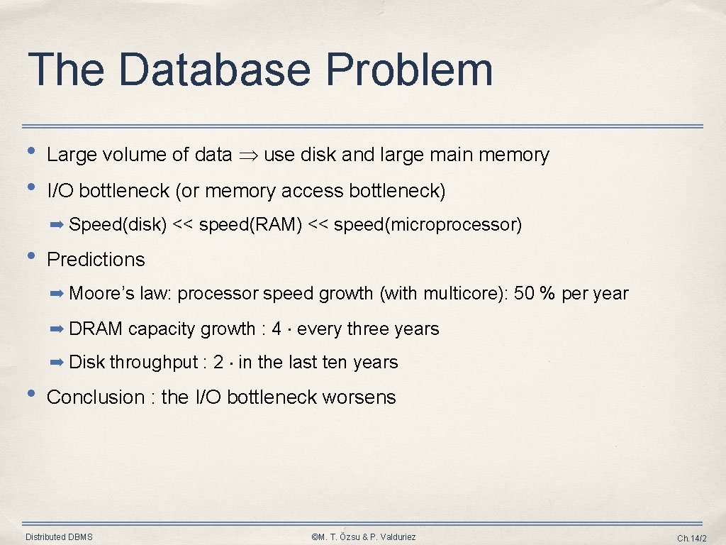 The Database Problem • • Large volume of data use disk and large main