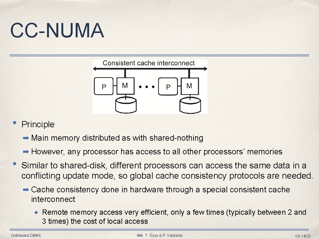 CC-NUMA • Principle ➡ Main memory distributed as with shared-nothing ➡ However, any processor