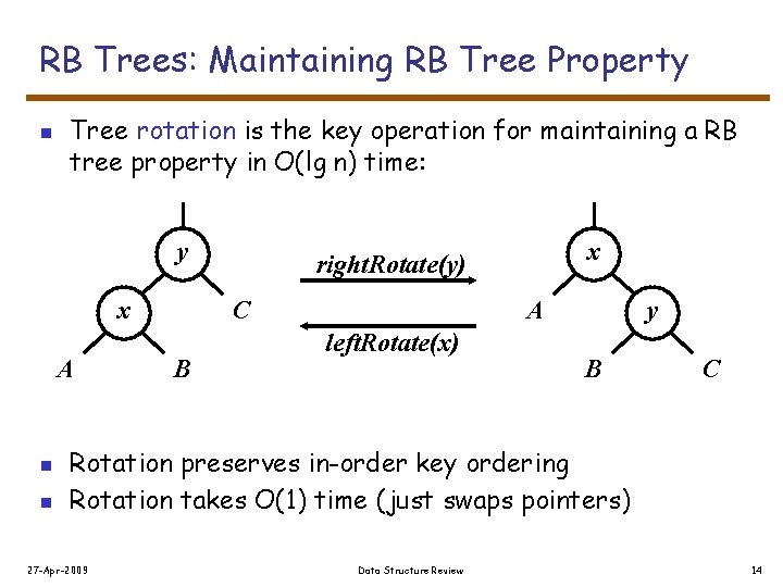 RB Trees: Maintaining RB Tree Property n Tree rotation is the key operation for