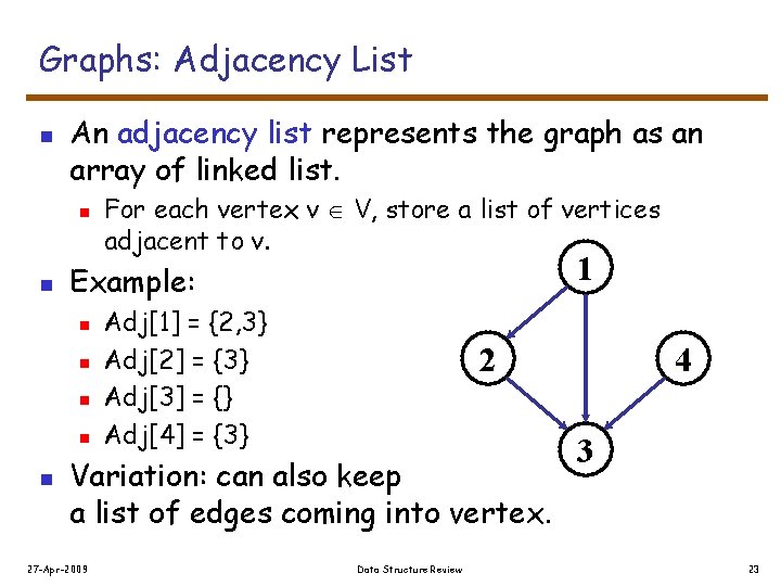 Graphs: Adjacency List n An adjacency list represents the graph as an array of