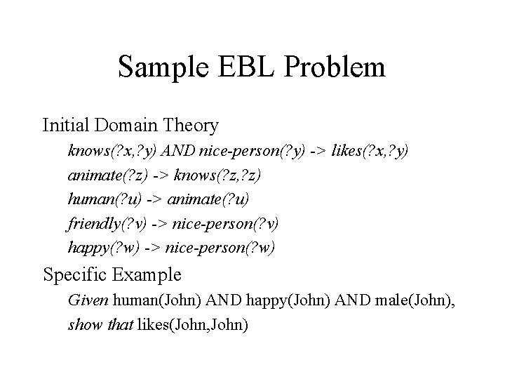 Sample EBL Problem Initial Domain Theory knows(? x, ? y) AND nice-person(? y) ->