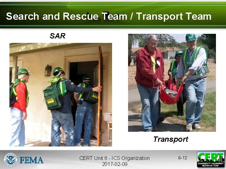 Search and Rescue Team / Transport Team SAR Transport CERT Unit 6 - ICS